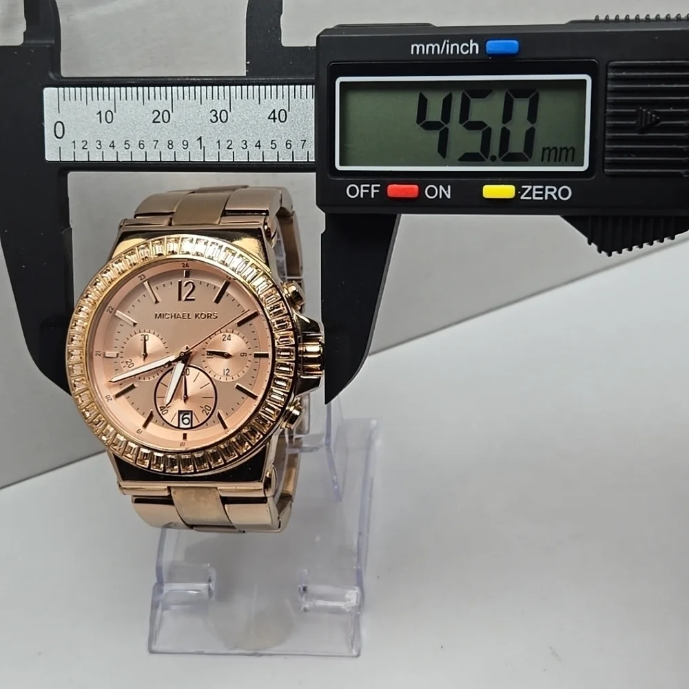 Michael Kors Dylan Rose Gold Chronograph Date Watch Baguette MK New Battery